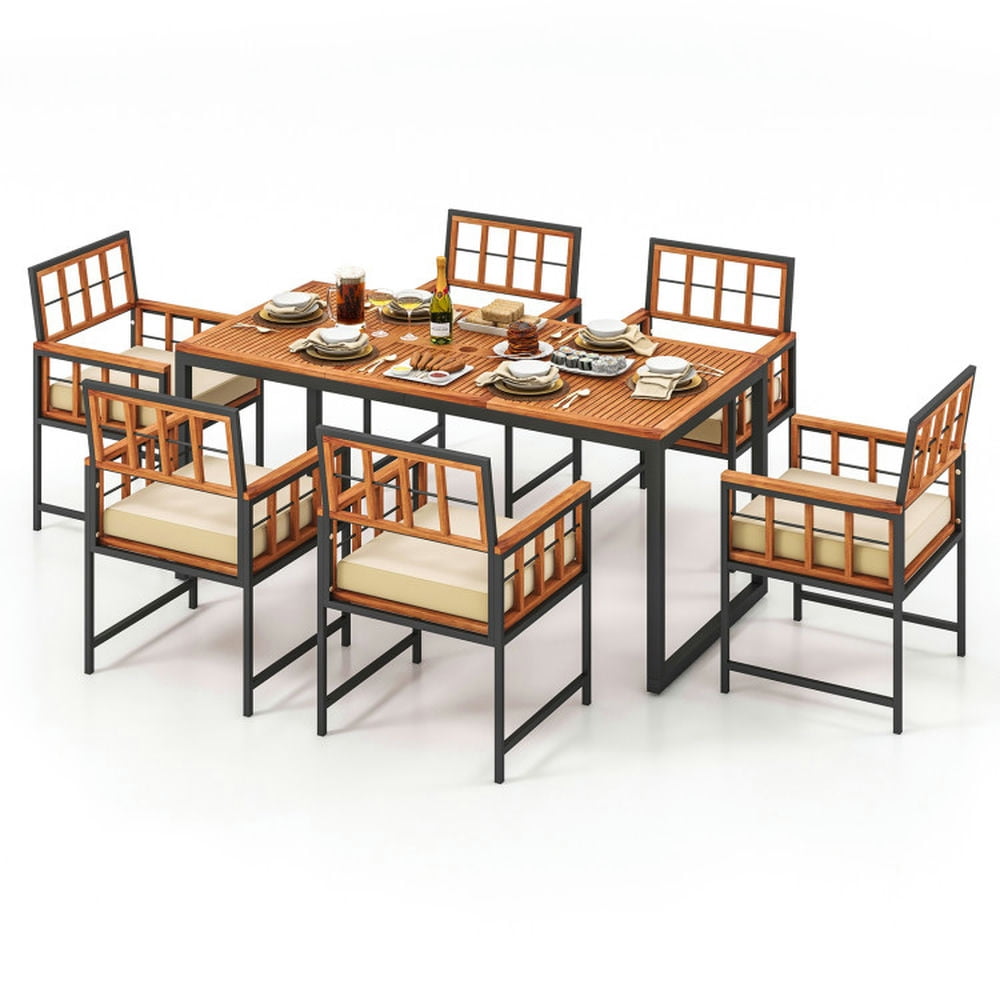 7-Piece Beige Cushion Acacia Wood Outdoor Dining Set