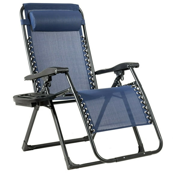 GVN Oversize Lounge Chair with Cup Holder of Heavy Duty for outdoor-Navy, Adjustable Zero Gravity Folding Reclining for Deck, Beach, Yard
