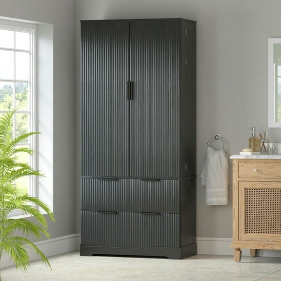 GVN Pantry - Kitchen Pantry Cabinet with 2 Large Drawers and 8-Door Spice Rack, 72" Pantry for Bathroom, Dining Room, Office, Entryway, Black