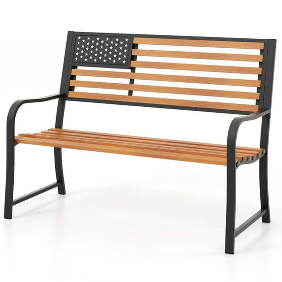 GVN Patio Bench Weatherproof Outdoor Bench,50 Inch Outdoor Garden Bench with Flag Pattern Backrest and Rustic Wood Grain Finish-Brown
