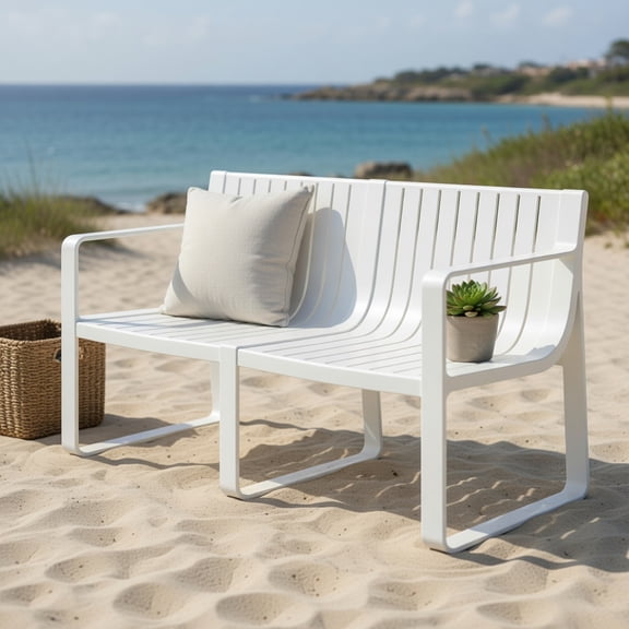GVN Patio Bench Weatherproof Outdoor Bench,Weather-resistant Plastic 2-Person Bench with Curved Backrest-White
