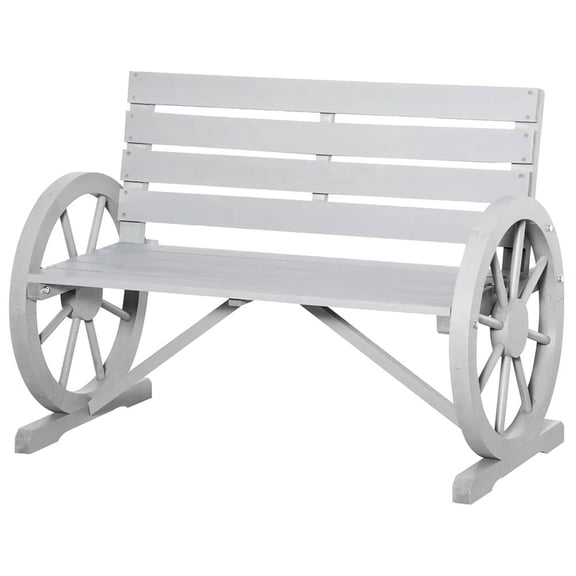 GVN Patio Bench Weatherproof Outdoor Bench,Wooden Wagon Wheel Bench, 2-Person Slatted Seat Bench with Backrest, Light Gray