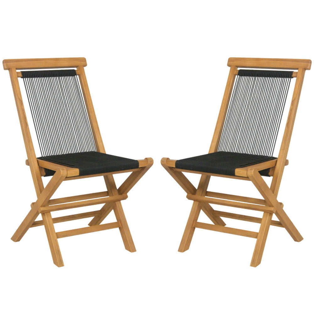 Natural Teak and Black Woven Rope Folding Patio Chairs, Set of 2