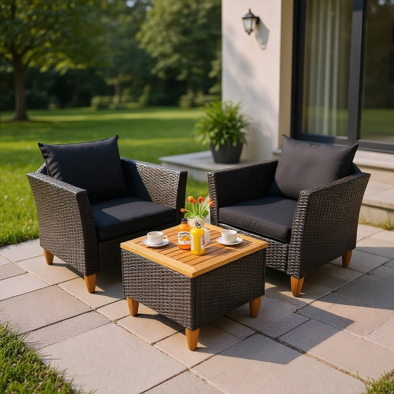 GVN Patio Furniture 3 Pieces Patio Rattan Bistro Furniture Set, Outdoor Wicker Rattan Chairs Garden Backyard Balcony Porch Poolside loveseat with Wooden Table Top-Navy