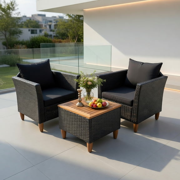 GVN Patio Furniture 3 Pieces Patio Rattan Bistro Furniture Set, Outdoor Wicker Rattan Chairs Garden Backyard Balcony Porch Poolside loveseat with Wooden Table Top-Navy