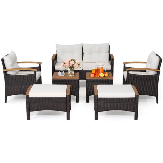 GVN Patio Furniture 5 Pieces Patio Conversation Set, Outdoor Wicker Rattan Chairs Garden Backyard Balcony Porch Poolside loveseat with Cushions Coffee Table and 2 Ottomans