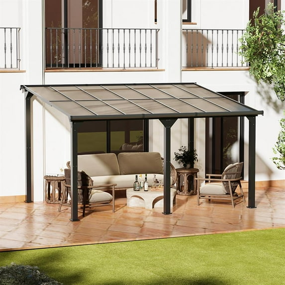 GVN Patio Garden Pergola, Pergola Canopy, 10 x 14 Ft Lean to Gazebo, Outdoor Pergola on Clearance, Hardtop Deck Metal Awnings, Frosted Gray