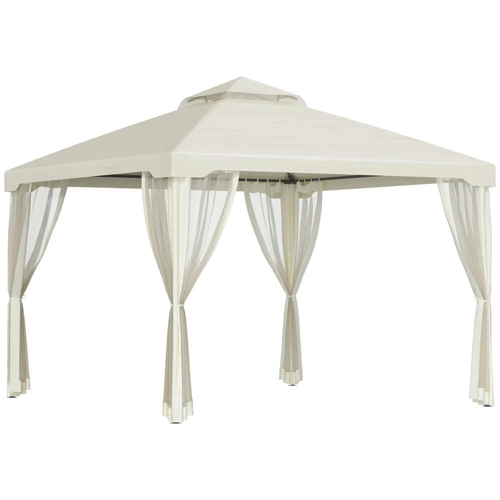 GVN Patio Garden Pergola, Pergola Canopy,9.6' x 9.6' Patio Gazebo, Outdoor Canopy Shelter with 2-Tier Roof and Netting, Cream White