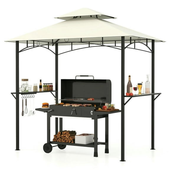 GVN Patio Garden Pergola, Pergola Canopy,Outdoor Double-Tiered Grill Gazebo Canopy with 2 Shelves and 7 Hooks-Beige
