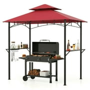 GVN Patio Garden Pergola, Pergola Canopy,Outdoor Double-Tiered Grill Gazebo Canopy with 2 Shelves and 7 Hooks-Red