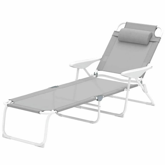 GVN Patio Lounge Chair,Outdoor Chaise Lounge Chair,Folding Chaise Lounge, Outdoor Sun Tanning Chair, 4-Position Reclining Back, Armrests, Removable Pillow, Light Gray