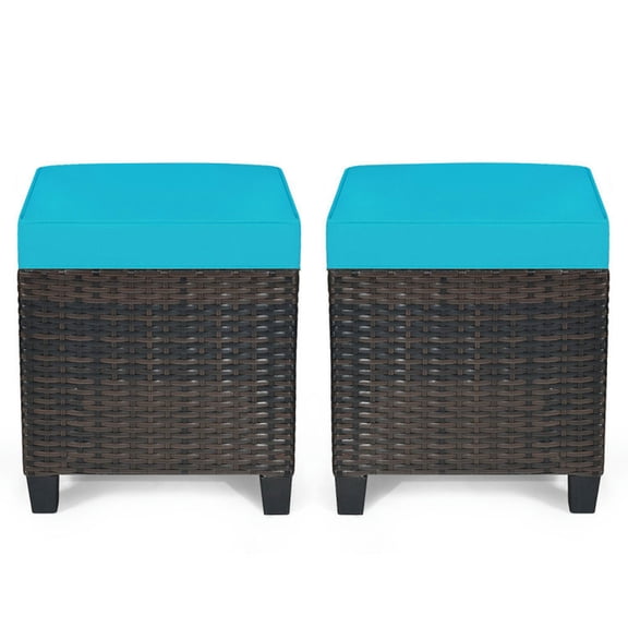 GVN Patio Ottoman, Outdoor Footstool, 2 Pieces Patio Rattan Ottoman Set with Removable Cushions-Turquoise