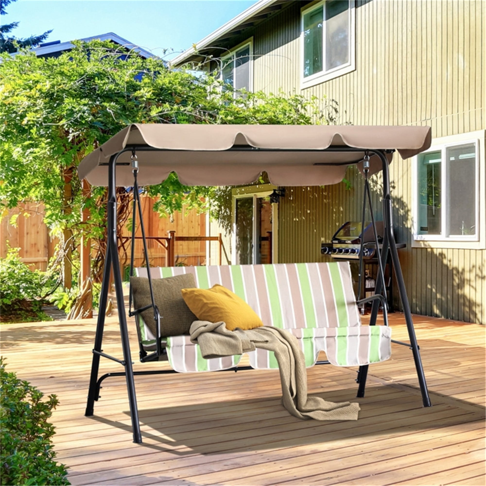 GVN Patio Swing Chair, 3 Seat Outdoor Porch Swing Seat, Waterproof Anti-UV Heavy Duty Rip Proof Garden Hammock, Garden Furniture Outdoors, Pink Striped GVN Patio Swing Chair, 3 Seat Outdoor Porch Swing Seat, Waterproof Anti-UV Heavy Duty Rip Proof Garden Hammock, Garden Furniture Outdoors, Pink Striped