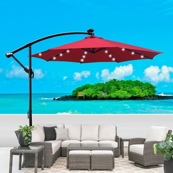 GVN Patio Umbrella, Outdoor Table Umbrella,10 ft Solar Powered LED Lighted Sun Shade Market Waterproof 8 Ribs Umbrella with Crank and Cross Base,Red