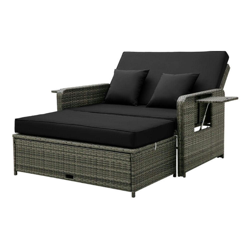 Black Wicker Loveseat Sofa with Ottoman and Retractable Tray