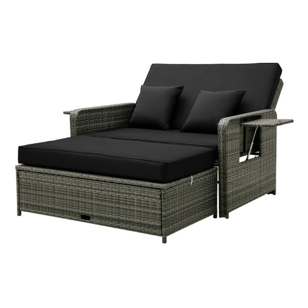 Black Wicker Loveseat Sofa with Ottoman and Retractable Tray