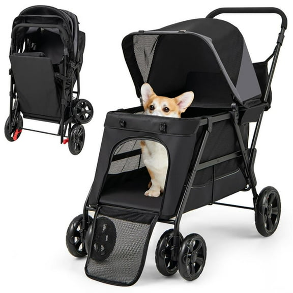 GVN Pet Stroller, Dog Cat Stroller,Dog Stroller for Medium Small Senior Elderly Dogs with Dual Entry-Black