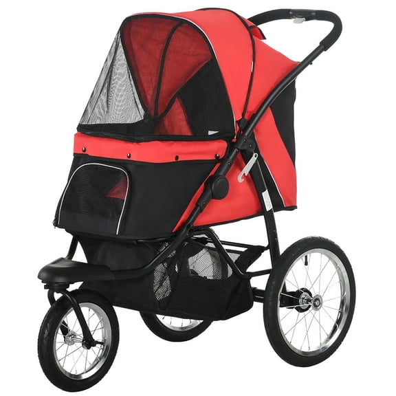 GVN Pet Stroller, Dog Cat Stroller,Pet Stroller with Adjustable Canopy, Safety Tether, Storage Basket, Red