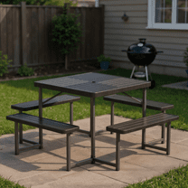 GVN Picnic Tables,Picnic Tables for Camping,Outdoor Square Picnic Table Bench Set for 4-8 People with Umbrella Hole-Black