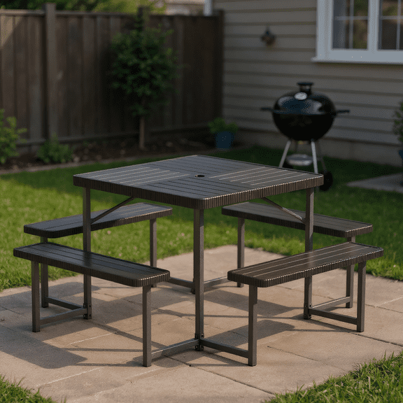 GVN Picnic Tables,Picnic Tables for Camping,Outdoor Square Picnic Table Bench Set for 4-8 People with Umbrella Hole-Black
