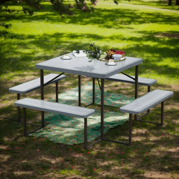 GVN Picnic Tables,Picnic Tables for Camping,Outdoor Square Picnic Table Bench Set for 4-8 People with Umbrella Hole-Gray