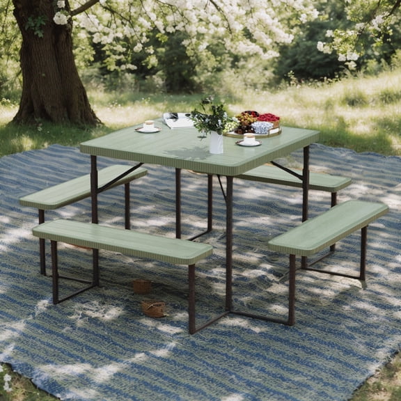 GVN Picnic Tables,Picnic Tables for Camping,Outdoor Square Picnic Table Bench Set for 4-8 People with Umbrella Hole-Green