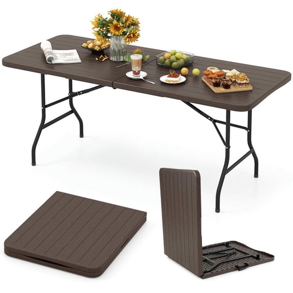 GVN Picnic Tables for Backyard,6 Feet Folding Table with Wood Grain HDPE Tabletop and Safe Lock Mechanism-Brown