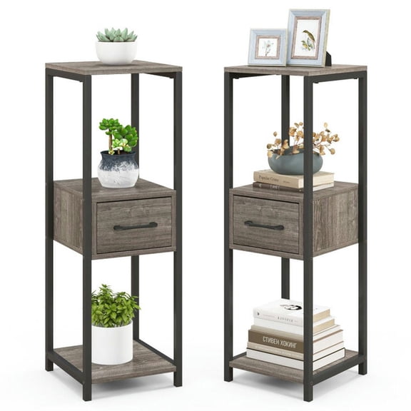 GVN Plant Rack, Plant Stand Plant Shelf,2 Pack 3 Tier Tall Metal Plant Stand with Drawer and Display Shelf-Gray