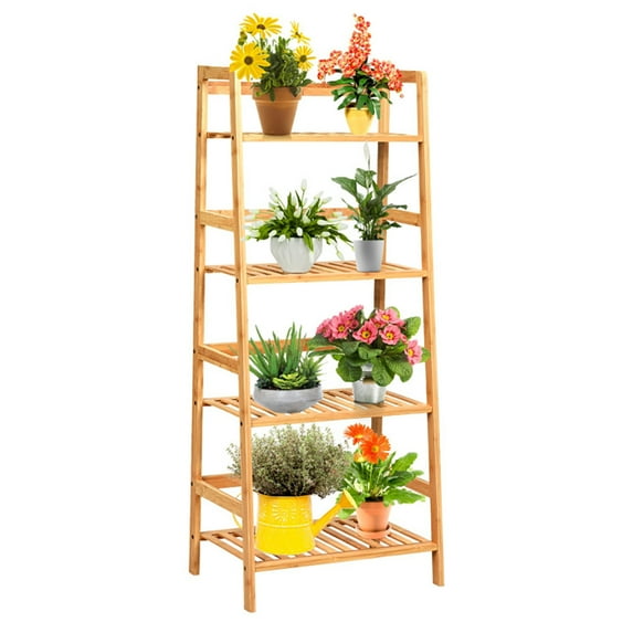 GVN Plant Rack, Plant Stand Plant Shelf,4-Tier Bamboo Plant Rack with Guardrails Stable and Space-Saving-Natural