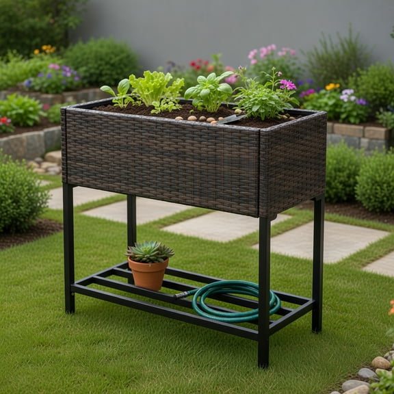 GVN Planter Garden Boxes Outdoor,Wicker Raised Garden Bed with Storage Shelf and Removable Liner for Flowers