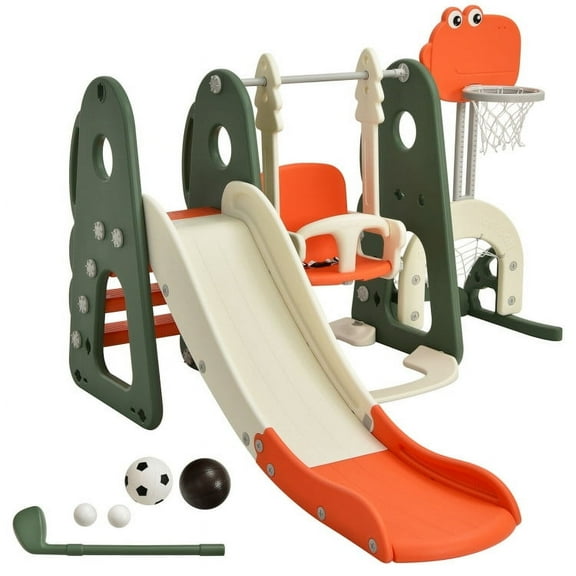 GVN Play Climber Slide Set,6 in 1 Toddler Slide and Swing Set with Ball Games-Orange