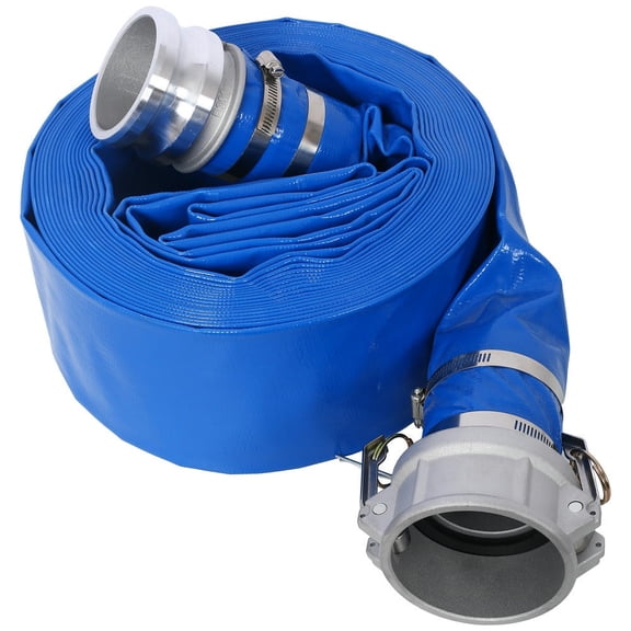 GVN Pool Backwash Water Hose, 3"x50FT Pool Backwash Hose, Heavy Duty Reinforced Blue PVC Lay Flat Water Discharge Pump Hoses with Aluminum Camlock C and E Fittings