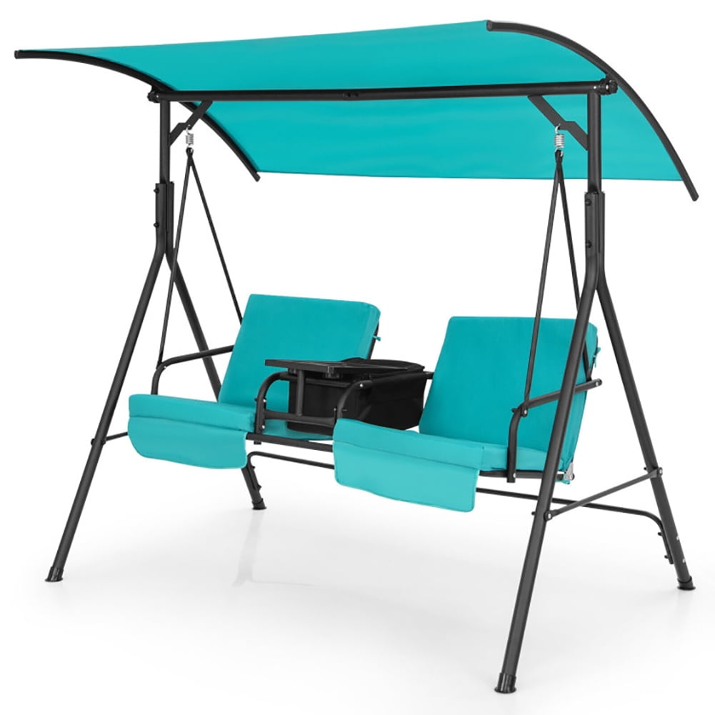 GVN Porch Swing Chair with Adjustable Canopy-Turquoise, Porch Swing Hanging Bench, Outdoor Swing Bench for Patio, Yard, Garden