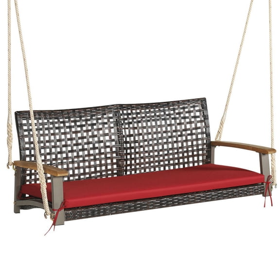 GVN Porch Swing with Stand,Outdoor Relaxation Swings,2-Person Rattan Hanging Porch Swing Chair-Red