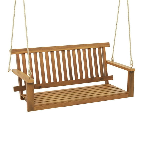 GVN Porch Swing with Stand,Outdoor Relaxation Swings,2-Seat Acacia Wood Porch Swing Bench with 2 Hanging Hemp Ropes