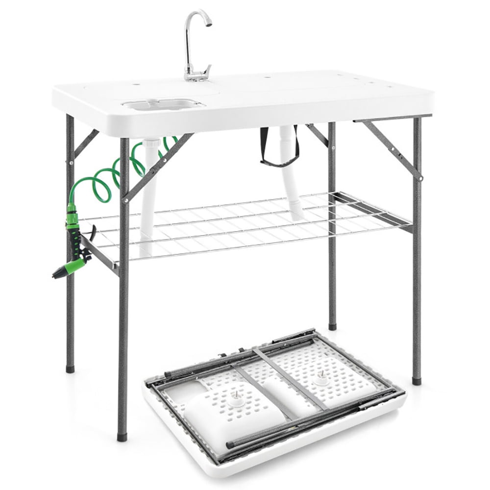 GVN Portable Camping Kitchen Table with Storage Shelves-Gray, Folding Picnic Table for Patio Pool Park Outdoor GVN Portable Camping Kitchen Table with Storage Shelves-Gray, Folding Picnic Table for Patio Pool Park Outdoor