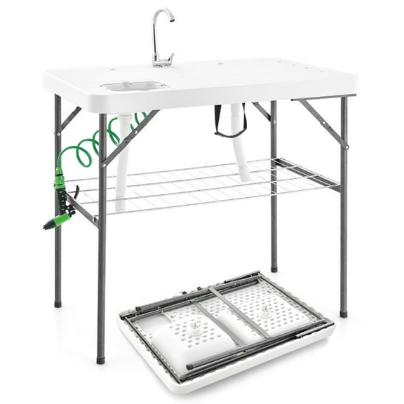 GVN Portable Camping Kitchen Table with Storage Shelves-Gray, Folding Picnic Table for Patio Pool Park Outdoor
