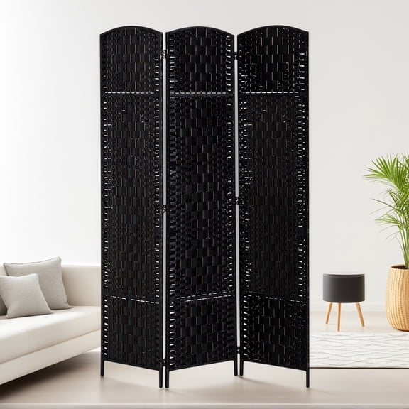 GVN Privacy Panels Decorative Privacy Fence,3 Panel Folding Privacy Screen, 6FT Tall Portable Wicker Weave Partition Wall Divider, Black