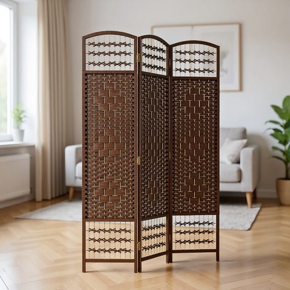 GVN Privacy Panels Decorative Privacy Fence,3 Panel Folding Room Divider Portable Privacy Screen Wave Fiber Room Partition, Brown