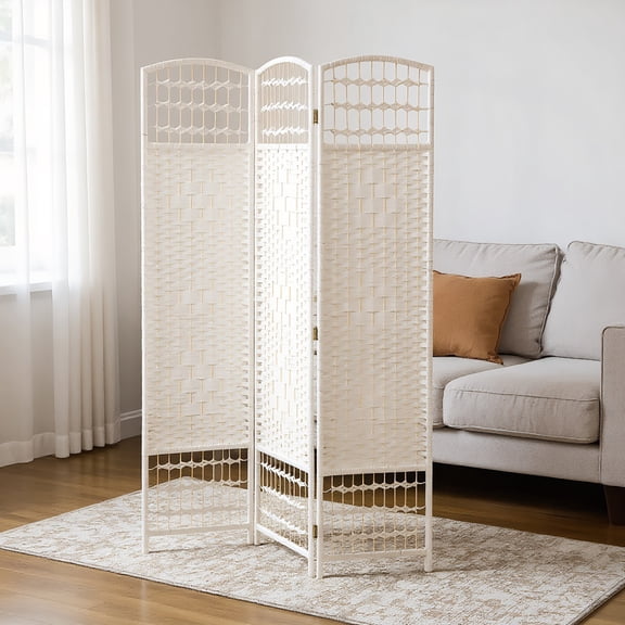 GVN Privacy Panels Decorative Privacy Fence,3 Panel Folding Room Divider Portable Privacy Screen Wave Fiber Room Partition, White