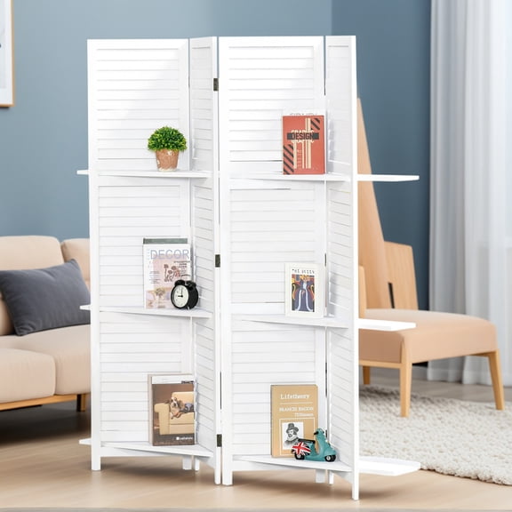 GVN Privacy Panels Decorative Privacy Fence,4 Panel 67" Tall Wood Privacy Screen Room Divider with 3 Shelves and Folding Storage for Bedroom, White