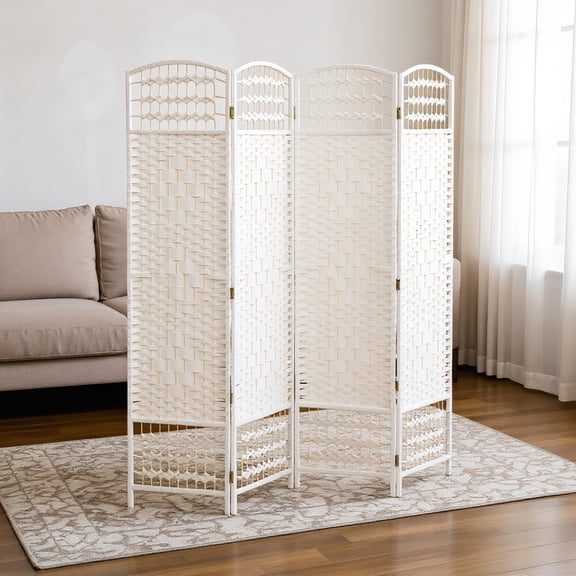 GVN Privacy Panels Decorative Privacy Fence,4 Panel Folding Room Divider Portable Privacy Screen Wave Fiber Room Partition, White