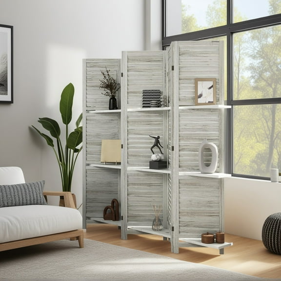 GVN Privacy Panels Decorative Privacy Fence,5 Panel 67" Tall Wood Privacy Screen Room Divider with 3 Shelves and Folding Storage, Distressed White