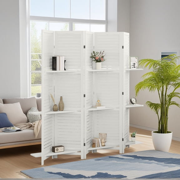 GVN Privacy Panels Decorative Privacy Fence,5 Panel 67" Tall Wood Privacy Screen Room Divider with 3 Shelves and Folding Storage, White
