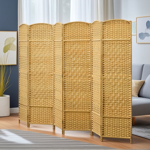 GVN Privacy Panels Decorative Privacy Fence,Folding Room Divider Screen 6 Panel 6' Tall Privacy Screen Freestanding Wood Partition, Nature Wood