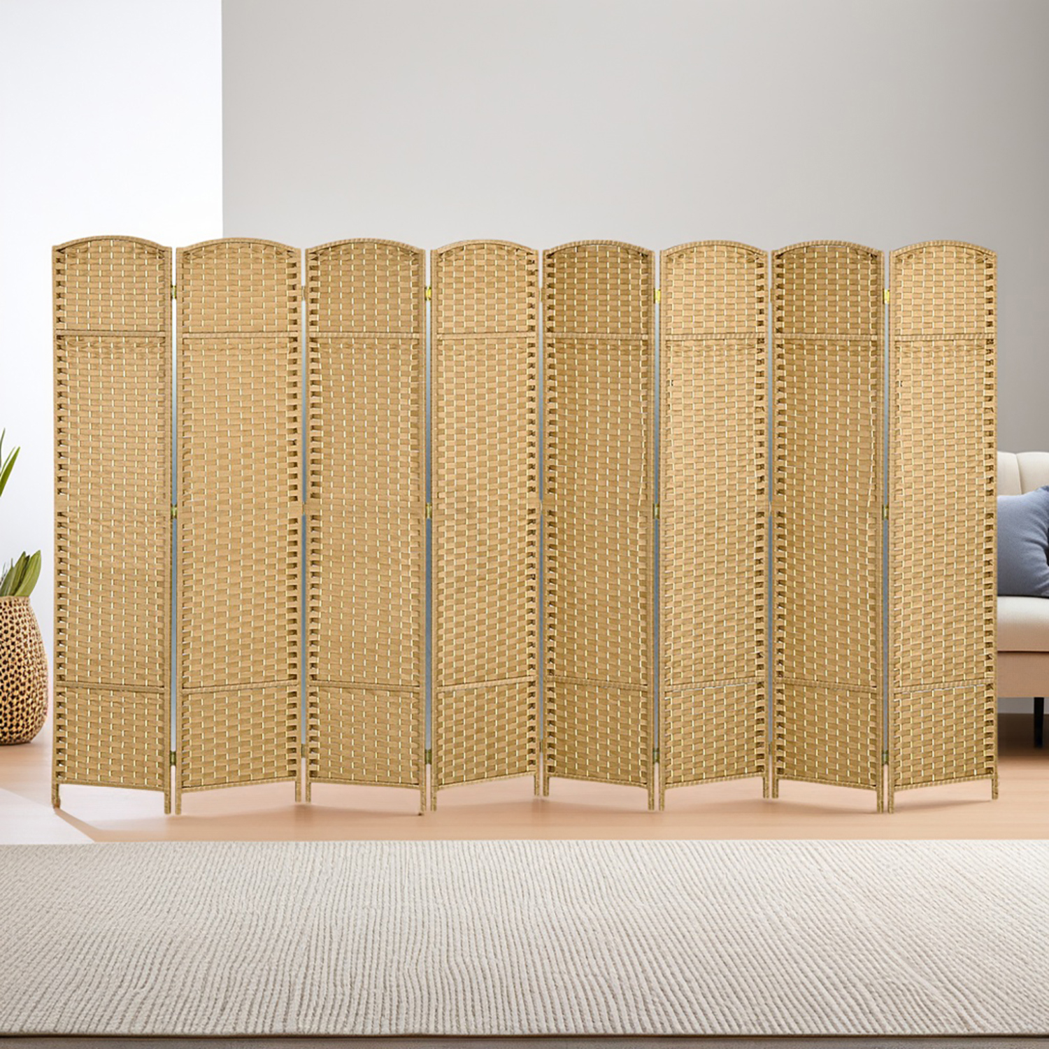 GVN Privacy Panels Decorative Privacy Fence,Folding Room Divider Screen 8 Panel 5.6' Tall Privacy Screen Freestanding Room Partition, Nature Wood
