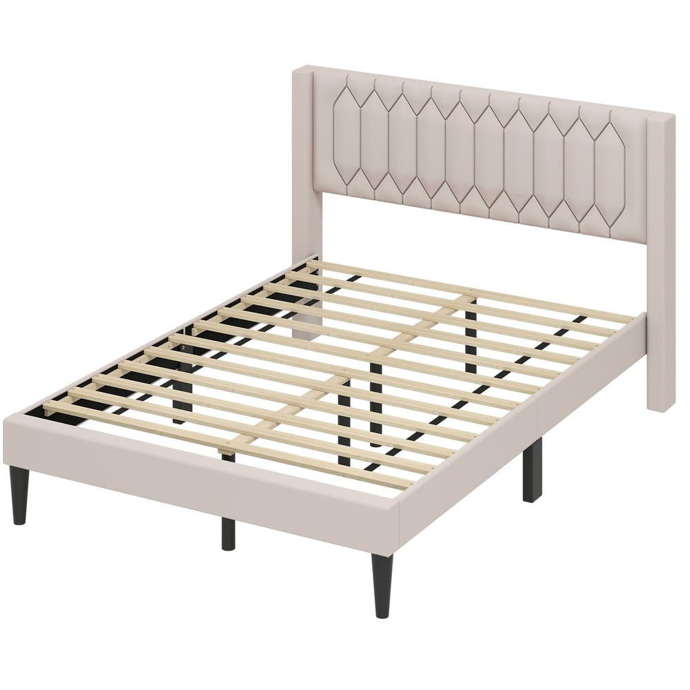 GVN Queen Size Dutch Linen Fabric Upholstered Sturdy Bed Frame with Wingback Headboard and Wooden Slat Support, Bedroom Platform Bed Frame for Apartment, Bedroom, Beige