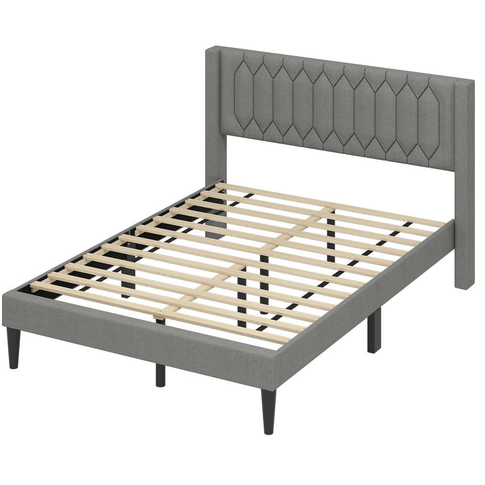 GVN Queen Size Sturdy Bed Frame with Wingback Headboard and Wooden Slat Support, Dutch Linen Fabric Upholstered Bedroom Platform Bed Frame for Apartment, Bedroom, Beige