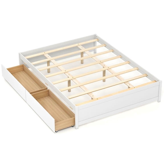 GVN Queen Size Sturdy Trundle Bed Frame with 2 Rolling Storage Drawers, Bedroom Platform Bed Frame for Bedroom, Apartment, White