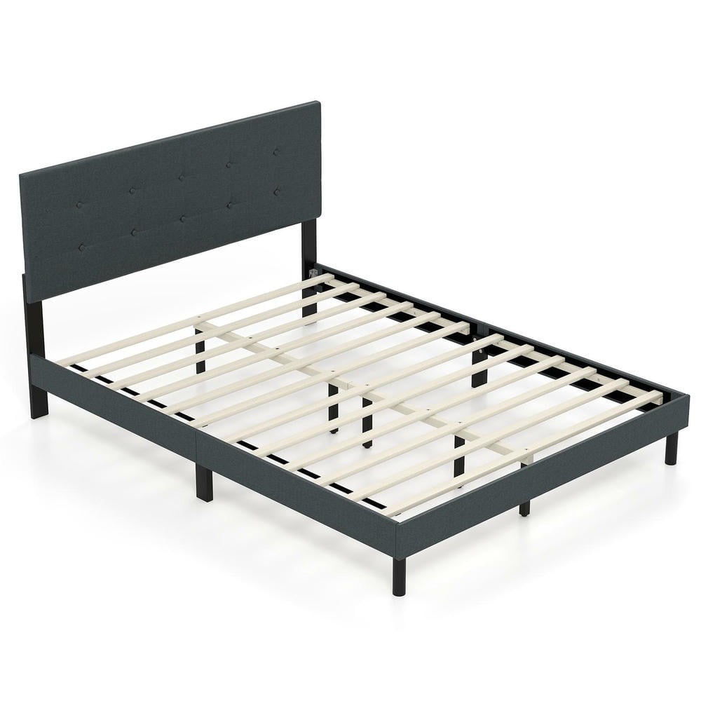 GVN Queen Size Upholstered Sturdy Bed Frame, Linen Platform Bedroom Platform Bed Frame for Apartment, Bedroom, Dark Gray